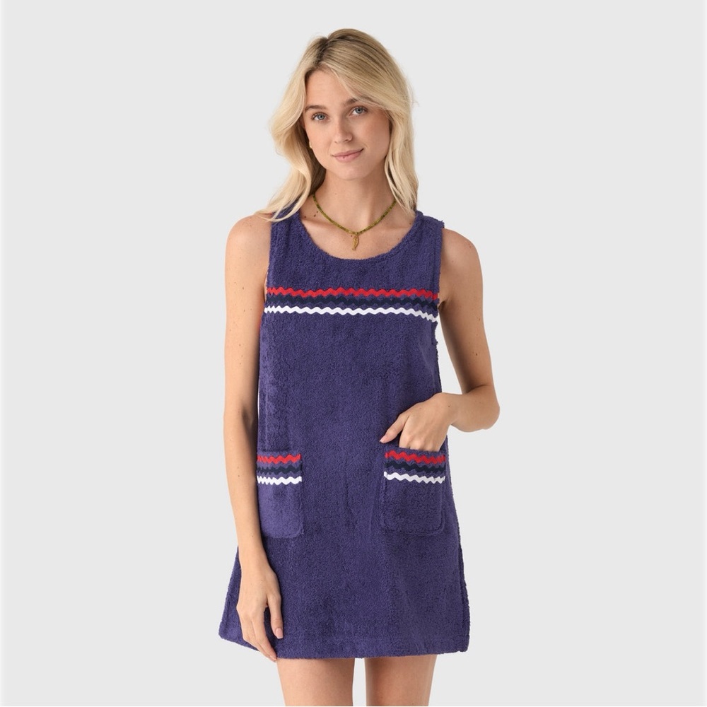 La Veste Mini Towel Dress Med Blue Red White Cotton Terry Americana Resort USA - Picture 3 of 11